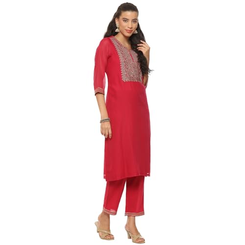BIBA Women Polycotton EMBROIDRED Straight SALWAR KURTA DUPATTA(SKDASSORTED8907_FUCHSIA_36)