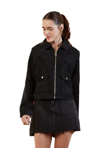 Latin Quarters Women's Black Solid Full Sleeves Collar Neck Casual Jacket_XL