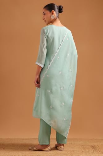 Soch Womens Turquoise Blue Mul Chanderi Embroidered Ethnic Motifs Chikankari Embroidery Salwar Suit