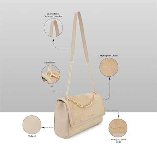 Caprese Katherine Large Monogram Velvet Sling Bag for Women | Premium Multi-Compartment Shoulder Handbag with Adjustable Strap & Zipper Closure | Perfect for Party & Travel (Alpine Oat)
