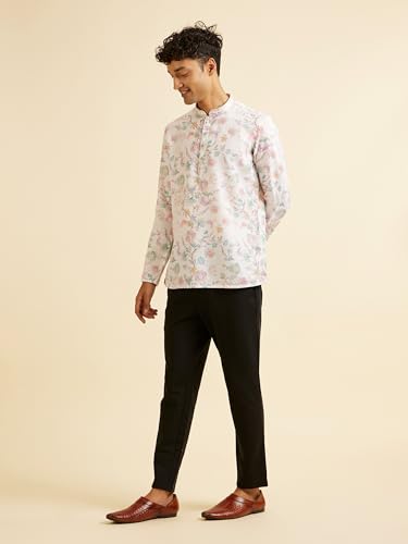 Manyavar Men's Cotton Blend Printed Short Kurta (Warm White,L)
