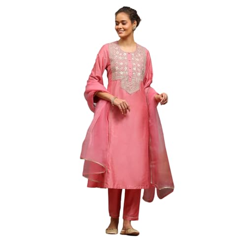Rangriti Women Pink Viscose Blend Embroidered Kalidar Suit Set_32
