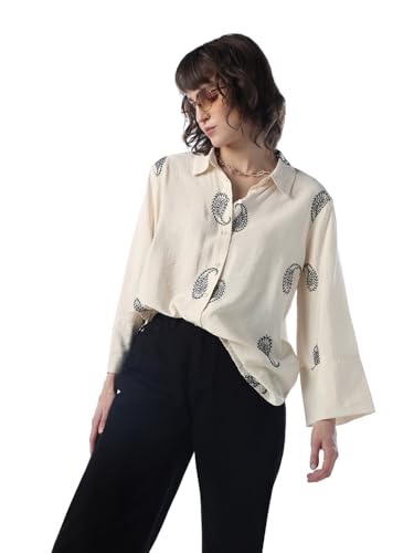 ONLY Women Self Design Oversized Beige Shirt