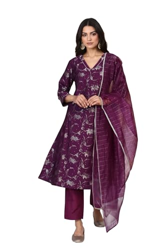 W for Woman Floral Printed Jacquard A-Line Kurta with Straight Pant and Dupatta Set - Purple (WS13245-314312-3XL)