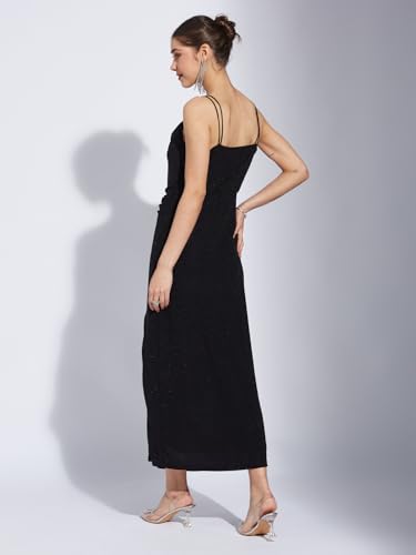 Latin Quarters Women Black V-Neck Sleeveless Solid A-Line Dress_S