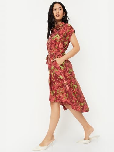 Max Women's Polyester A-Line Below The Knee Dress (EC58001_Rust