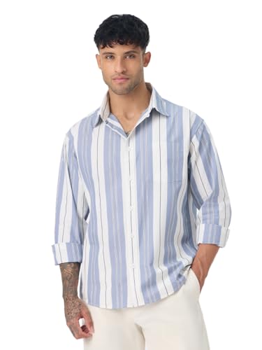 The Souled Store Stripe Shirt: Clash Men and Boys Long Sleeve Spread Collar Light Blue Striped Casual Everyday Office Wear Ligthweight Cotton Relaxed Shirt