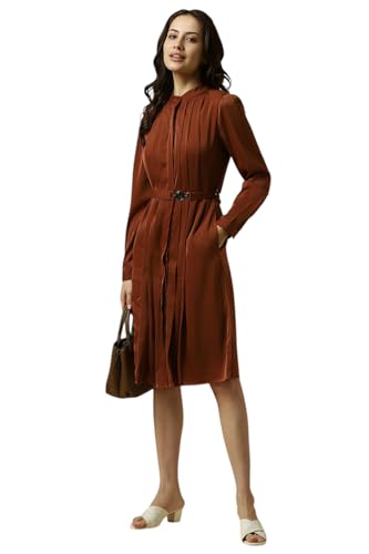 Allen Solly Women's Polyester Blend Modern Knee-Length Dress (AHDRERGPQ02163_Brown
