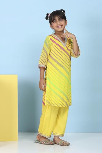 Biba Girls Yellow Cotton Printed Straight Suit Set_8-9Y