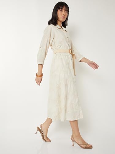 Max Women Embroidered Shirt Dress with Belt (Beige_XXL)