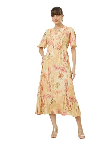 Latin Quarters Women's Yellow Half Sleeves V-Neck Casual Printed Dress_XXL