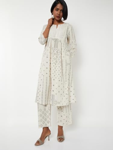 Max Women Printed Straight Kurta Set (White_M)