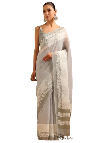 Soch Womens Grey Linen Ethnic Motifs Printed Saree