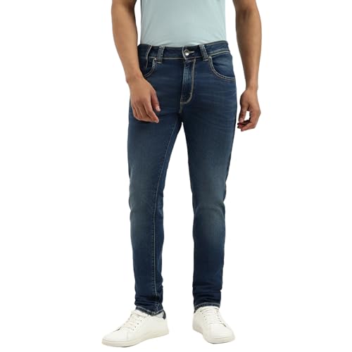 United Colors of Benetton Solid Slim Tapered Fit Mid Wash Worn Knit Jeans (Size: 34)-25A4REJE1306I901 Blue