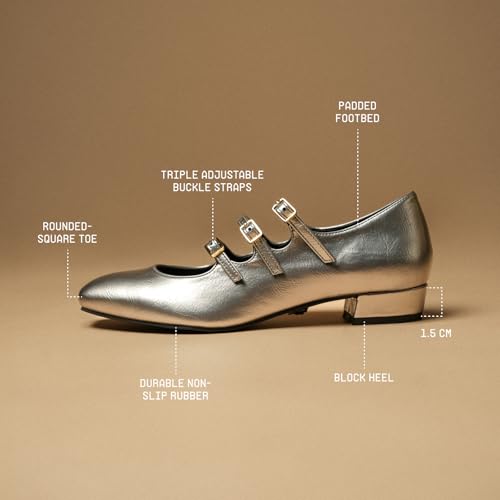 Theater Kelly Jr. Silver Mary Jane Heels for Women Round Toe Multi Strap Block Heel Shoes with Adjustable Buckle | Comfortable Dress Shoes for Evening, Party And Office Use