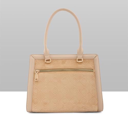 Caprese Katherine Medium Monogram Velvet Satchel for Women | Elegant Multi-Compartment Shoulder Handbag with Adjustable & Detachable Strap | Textured Velvet Designer Work & Party Purse (Alpine Oat)