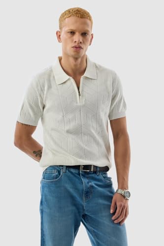SNITCH Men T-Shirts | Textured Self-Design Polo Collar with Zipper Closure | 100% Cotton Slim Fit Breathable Fabric for Casual & College Wear | White