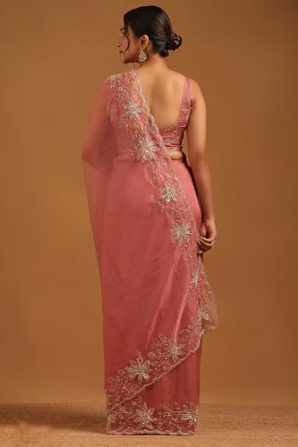 Soch Womens Pink Organza Floral Saree With Cutdana