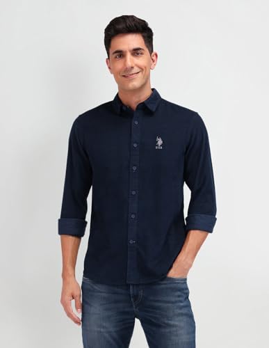U.S. POLO ASSN. DENIM CO. Slim Fit Dobby Shirt (UDSHT1383_Navy_44)