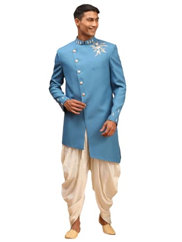 VASTRAMAY Men's Turquoise And Cream Silk Blend Sherwani Set | Classy And Elegant Sherwani With Dhoti in Imported fabric And Pearl work detailing.
