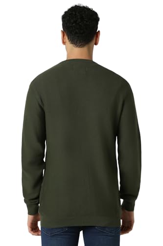 Men Olive Textured Crew Neck Sweater