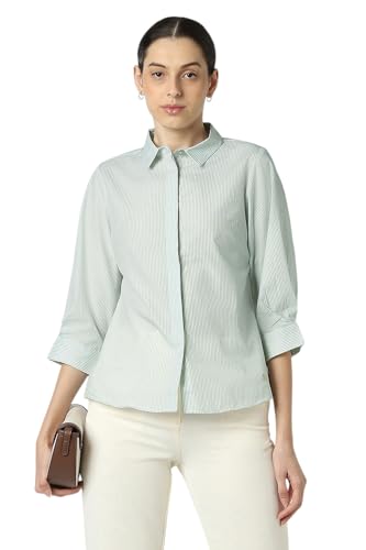 Van Heusen Women Green Stripe 3/4th Sleeves Formal Shirt