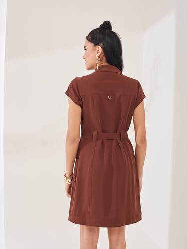 Latin Quarters Women's Brown Solid Cap Sleeve Collar Neck Casual Shirt Dress_XXL