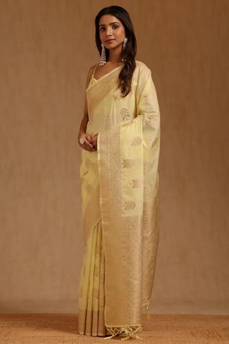 Soch Womens Light Yellow Tussar Floral Zari Woven Saree