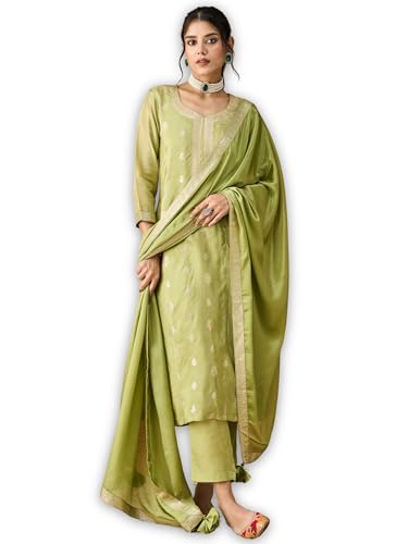 Hritika Green Pure Silk Woven Kurta with Pants and Dupatta Set | Ethnic Set | Suit Set | Kurta Set | Wedding Suit Set for Women