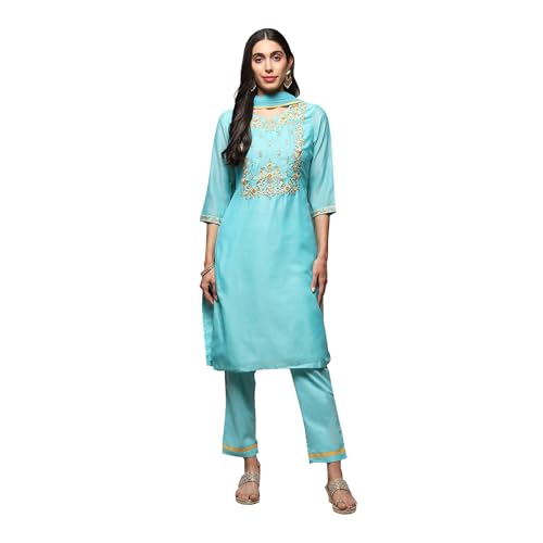 BIBA WOMEN YARNDYED NARROW SALWAR KURTA DUPATTA(SKDSKD7456E_TURQUOISE_40)