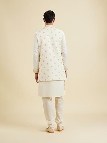 Manyavar Men's Art Silk Gold Thread Embroidered Kurta Jacket Churidar Set(Beige,L)