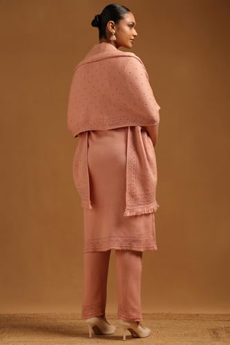 Soch Womens Peach Acrylic Floral Embroidered Winter Salwar Suit With Pearls