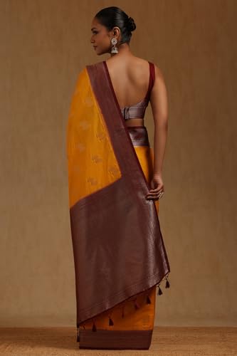 Soch Womens Mustard Viscose Silk Floral Zari Woven Saree
