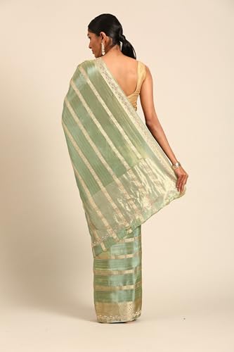 MOHEY Women's Green Organza Stone Work|Zari Saree (Green)