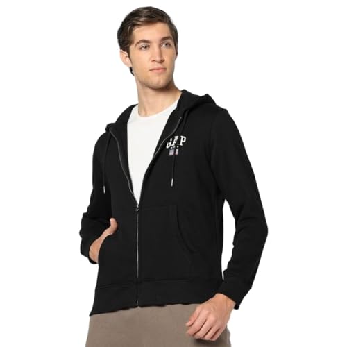 GAP Men Printed Regular Fit Full Zip Neck Full Sleeves Sweatshirt,Black,L