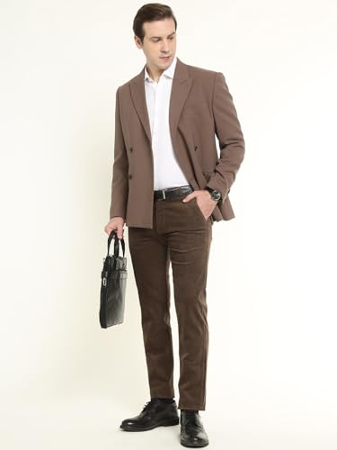 Hancock Men Cotton Solid Slim Fit Trousers Brown Size 30, Ideal for Work and semi Formal Occasions, Comfortable Stretch Waistband, Classic Silhouette with Modern Comfort