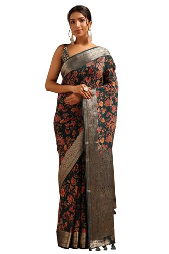 Soch Womens Green Silk Blend Botanical Saree