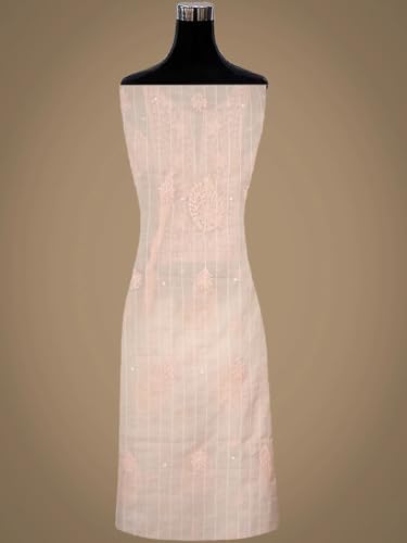 Ada Hand Embroidered Lucknowi Chikankari Unstitched Chanderi Dress Material Suit Piece with Dupatta for Women with Pearl Work 01A938020 Peach
