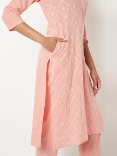 Max Women Embroidered Straight Kurta Set (Pink_L)