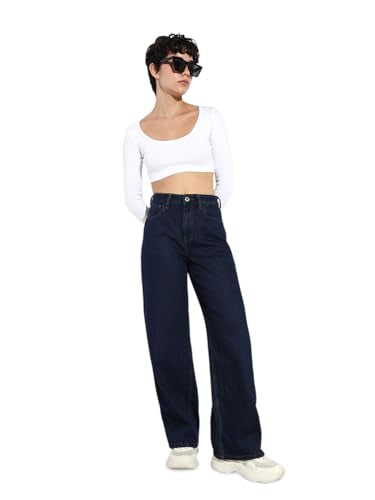ONLY Women's High Rise Wide Leg Jeans Dark Blue Denim