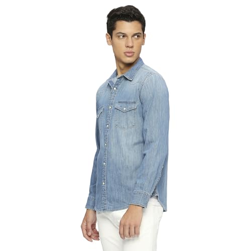 Pepe Jeans Men Cotton Solid Regular Fit Shirt (PM308261G22_MID WASH Indigo Blue, XL