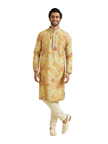 Manyavar Men's Floral Print & Stone Embellished Kurta Pyjama Set (Mustard,XL)