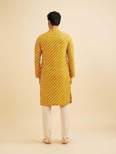 Manyavar Men's Art Silk Leheriya Printed Kurta Set (Mustard,XXXL)