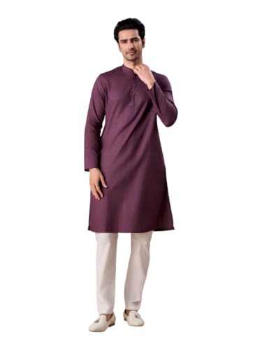 Manyavar Men's Cotton Self-Design Traditional Kurta Pyjama Set (Purple,XL)