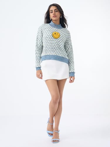 The Souled Store S.W.Smiley: Faces Women and Girls Full Sleeves Mock Neck Light Blue Graphic Acrylic Oversized Fit Sweater
