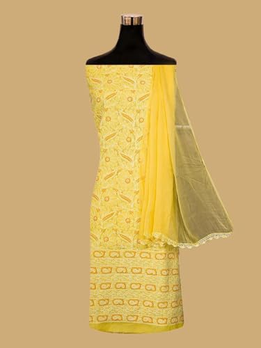 Ada Hand Embroidered Lucknowi Chikankari Unstitched Cotton Dress Material Suit Piece with Dupatta for Women 01A782873 Yellow