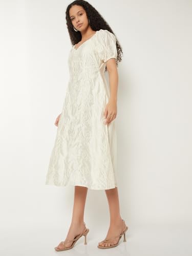 Max Kalki x Max Women Embroidered A-line Midi Dress (White_M)