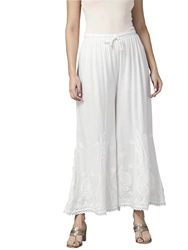 Ada Handcrafted Lucknowi Chikankari Women's Rayon White Flared Palazzo Sharara Pant A711171 (S)