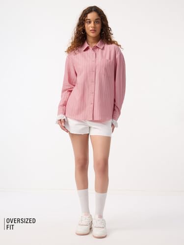 The Souled Store Statement Shirt: Angel Eyes Women and Girls Full Sleeves Spread Collar Pink Striped Cotton Oversized Fit Embroidered Back Lightweight All-Season Shirt