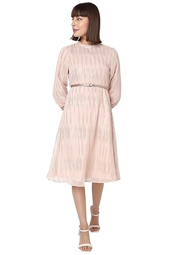 VERO MODA Women Textured Polyester Midi Beige A-Line Dress
